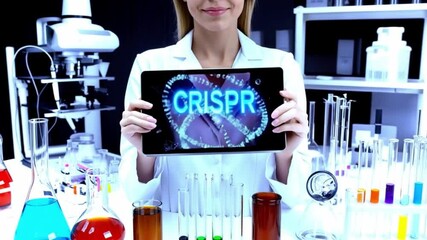 Poster - Researcher holds tablet displaying CRISPR technology in futuristic bioengineering lab