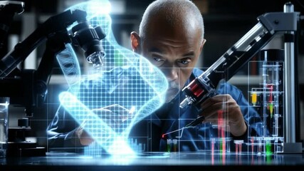 Poster - Futuristic scientist exploring DNA manipulation techniques with advanced tools and animations