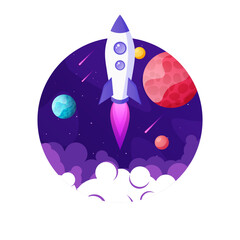 Wall Mural - Rocket launch, space futuristic colorful background with planets and stars. Cartoon starship, spaceship in night sky. Solar system, galaxy and universe exploration. Vector illustration