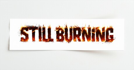 Fototapete - Fiery text reads Still Burning. Letters appear consumed by flames, creating dramatic visual impact. White background emphasizes intense orange, red hues.