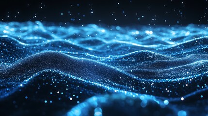 Poster - Abstract Flowing Digital Wave with Blue Particles and Dotted Highlights