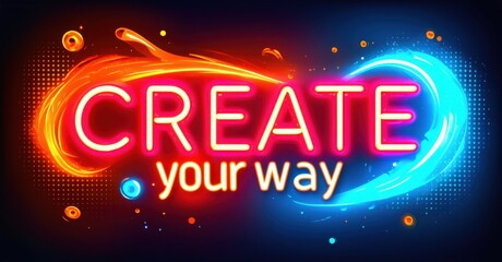 Aufkleber - Bright neon sign displays CREATE your way. Vivid colors, dynamic swirls, dark background create energetic visual impact.
