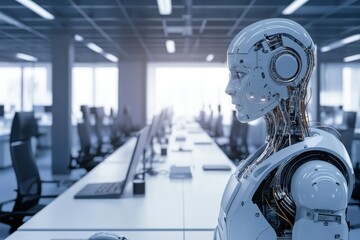 Poster - Robot standing in a modern office with multiple computer desks and soft lighting