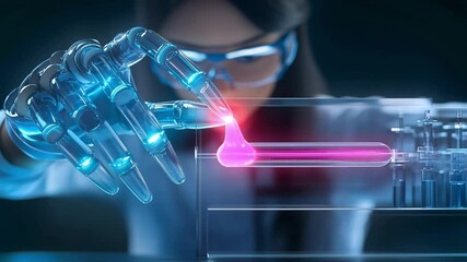 Poster - Futuristic robotic hand performing bioengineering experiments with CRISPR technology in a lab