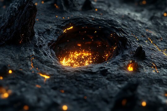 Glowing Lava Hole on Dark Rocky Ground with Sparkles Effect