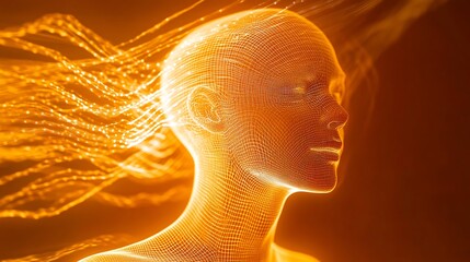 Poster - Glowing Wireframe Head with Flowing Light Strands Represents Future Technology