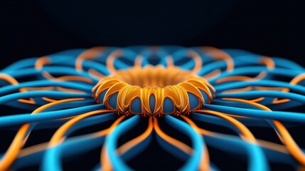 Poster - Abstract orange ring atop symmetrical cyan strands radiating in dark background