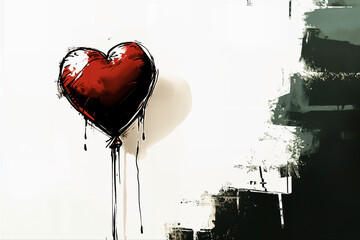 Wall Mural - Red heart-shaped balloon, watercolor, sketch, art, illustration, painting