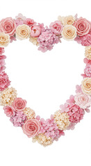 Poster - Flower Heart Shape. Pink roses and hydrangea bloom on a white background. Floral frame with empty space for text. Romantic symbol for love or greeting card.