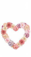 Poster - Heart shape made of flowers on white. Pink and purple blooms form a romantic heart. Floral love symbol. Tender flower arrangement. Botanical heart decoration.