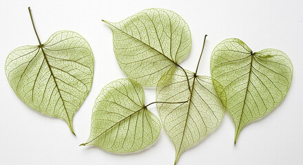 Poster - Green leaves with veins pattern arranged on white surface. Light and simple botanical nature closeup with heart shape concept. Decorative foliage design template.