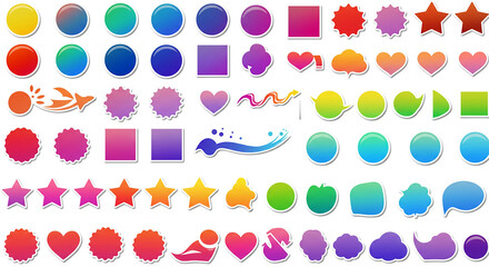 Poster - Colorful shape icons in assortment. Various forms like circles, squares, stars and hearts with a gradient. Shapes look like stickers with white outline on white background.