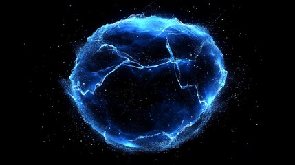 Poster - Glowing Blue Energy Sphere with Crackling Lines on a Black Background