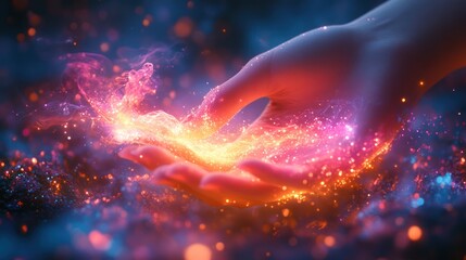 cosmic hands holding light energy nebula digital art