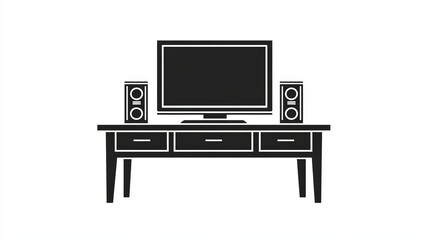 Poster - Simple Black and White Home Entertainment Center Icon Minimalist Modern Flat Design Television Speakers Wooden Tabletop Media Console Stylish Audio System Home Theater Setup Elegant Audio Equipment   