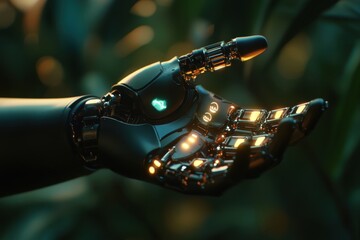 Poster - Futuristic robotic hand reaching out with glowing elements in a lush environment