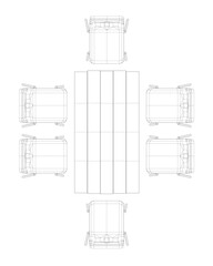 Poster - A drawing of a table with chairs. The table is made up of many pieces and is very large. Top view
