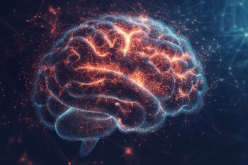 Poster - Digital representation of a human brain highlighting neural connections and activity