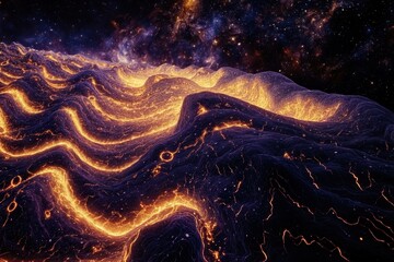 Poster - Vibrant cosmic landscape with flowing waves of light in a vast galaxy