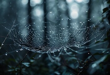 a delicate spiderweb adorned with glistening dew drops hangs suspended in a softly blurred, atmospheric forest setting.