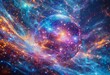 © KarpenArt Studio - a vibrant, swirling sphere of cosmic dust and starlight emerges from a nebula of deep blues, purples, and fiery oranges, representing the birth of a universe or a celestial body.