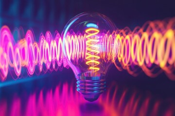 Leinwandbilder - Vibrant light bulb surrounded by colorful wave patterns in a dark setting