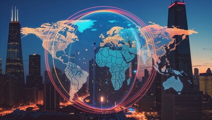 Poster - Global digital map projection over a city skyline at dusk showing interconnectedness and technology advancements