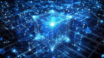 Poster - Abstract Digital Network Cube Glowing Blue Lines Technology Background Futuristic Data Connection Innovation Modern Design Global Network Digital Transformation Smart City Concept Cybersecurity       
