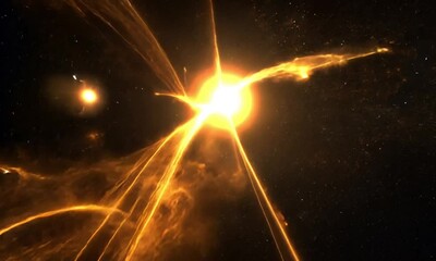 Poster - Glowing abstract orange rays rotating and expanding from the center created with Generative AI technology