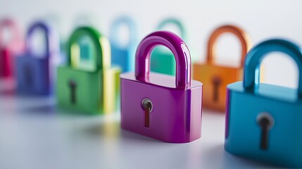 Poster - Colorful Padlocks Security Concept Row of Shiny Padlocks Various Colors Digital Illustration Bright Abstract Background Modern Design Technology Protection Privacy Internet Safety Secure Data Network 