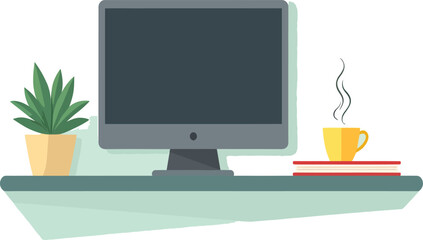 Desktop setup illustration with computer plant and coffee cup for home office and workspace design concept