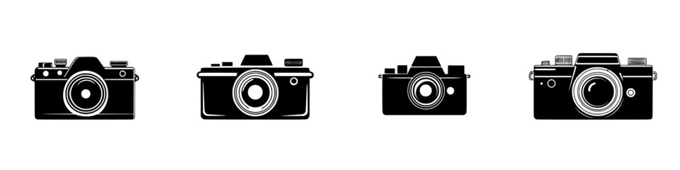 Poster - icon set showcasing various camera designs in a minimalist black and white style for graphic and web