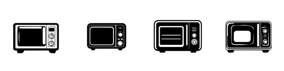 Poster - variety of microwave icons showcasing different designs and features in a minimalist style suitable 