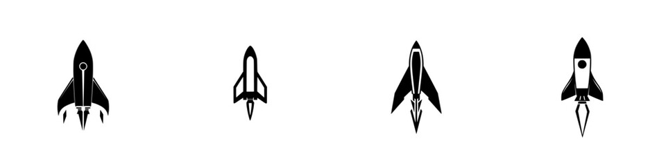 Poster - icon set showcasing various rocket designs in minimalist black and white style for digital applicati