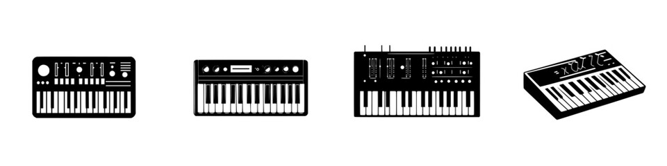 Poster - icon set featuring various keyboard instruments designed in a minimalist style