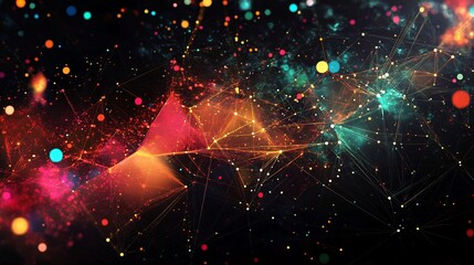 Fototapete - Abstract network is connecting dots of colorful information on black background