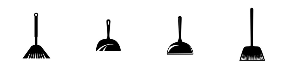 Poster - icon set of cleaning tools with brooms and dustpans in simple black design for digital use and graph