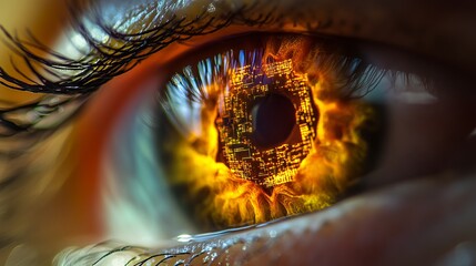 Poster - Digital Eye Abstract Art Futuristic Technology Glowing Circuit Board Iris Macro Closeup Detailed Intense Orange Yellow Brown Human Eye  High Resolution Image data dark pupil light color design vector 