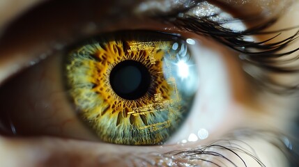 Poster - Closeup Human Eye Digital Art Abstract Technology Golden Yellow Green Iris Detailed Macro Photography Futuristic Vision Binary Code Eye Anatomy  Medical Science data high cyber image color design     