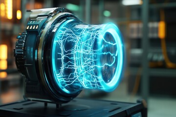 Poster - High-tech energy generator showcasing vibrant electric arcs in a futuristic lab