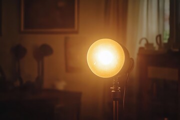 Poster - Vintage lamp illuminating a cozy room with warm amber light during evening hours