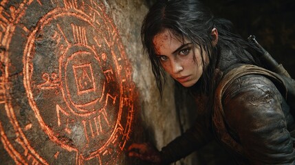 Fototapete - A lost explorer discovering an ancient tomb with glowing runes in the background.