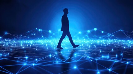 Poster - man walking on digital network