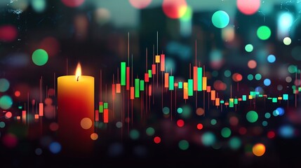Poster - Burning Candle with Stock Market Candlestick Chart Graphic Abstract Background Design Digital Art Financial Investment Concept Image Modern Business Finance Illustration Night Cityscape Lights Bokeh  