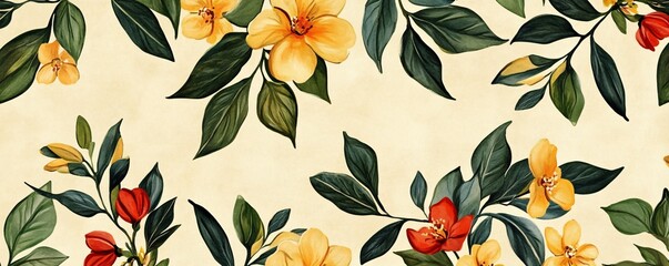 Aufkleber - Seamless floral pattern with red and yellow flowers on beige background