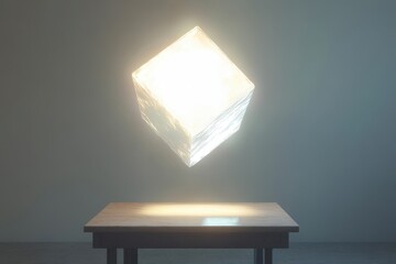 Poster - Floating illuminated cube above a wooden table in a minimalist interior space