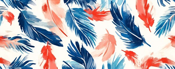 Aufkleber - Watercolor seamless pattern with bright blue and red feathers