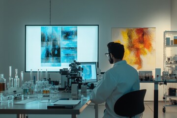 Poster - Scientist conducting research in a modern laboratory setting with colorful artwork