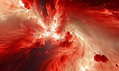 Poster - Bright red background with glowing shimmering particles in motion made with Generative AI technology