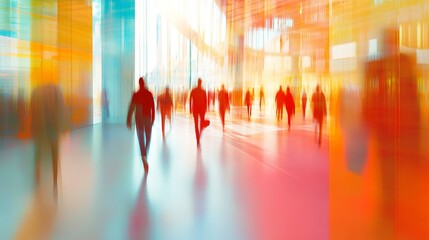 Poster - Abstract Blurred Motion People Walking Modern Building Interior Urban Cityscape Dynamic Energy Vibrant Colors Red Orange Blue Background Design Contemporary Art Graphic Illustration Digital Painting  